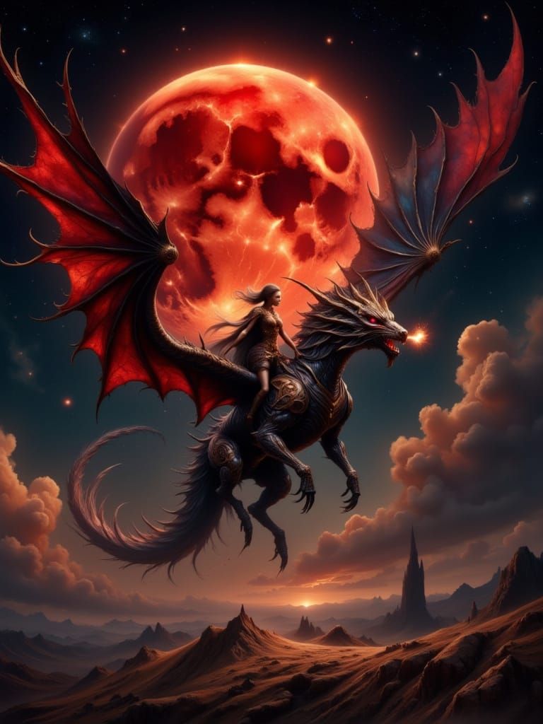 Warrior Dragon Mech Rider Silhouetted Against Blood Moon