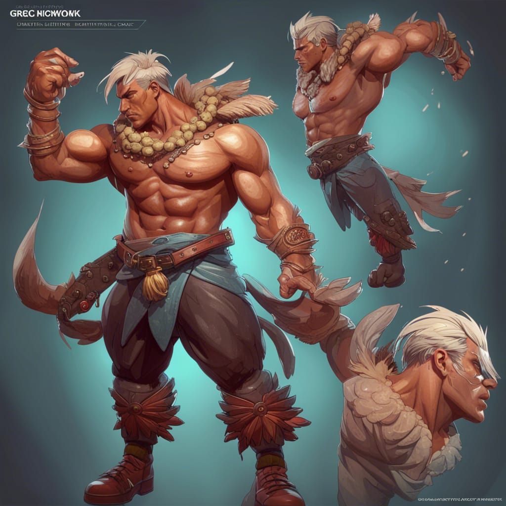 Character sheet of a muscular fighting game character, by Gr...