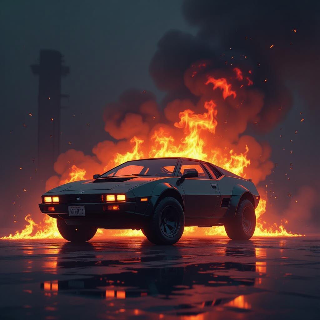 Fiery Dystopian Landscape in Neon Hues