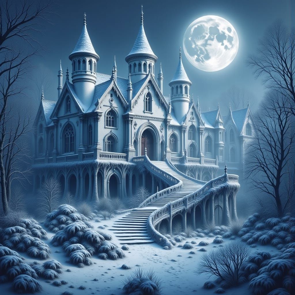 Majestic Snow Castle Under Moonlight in Art Nouveau Style