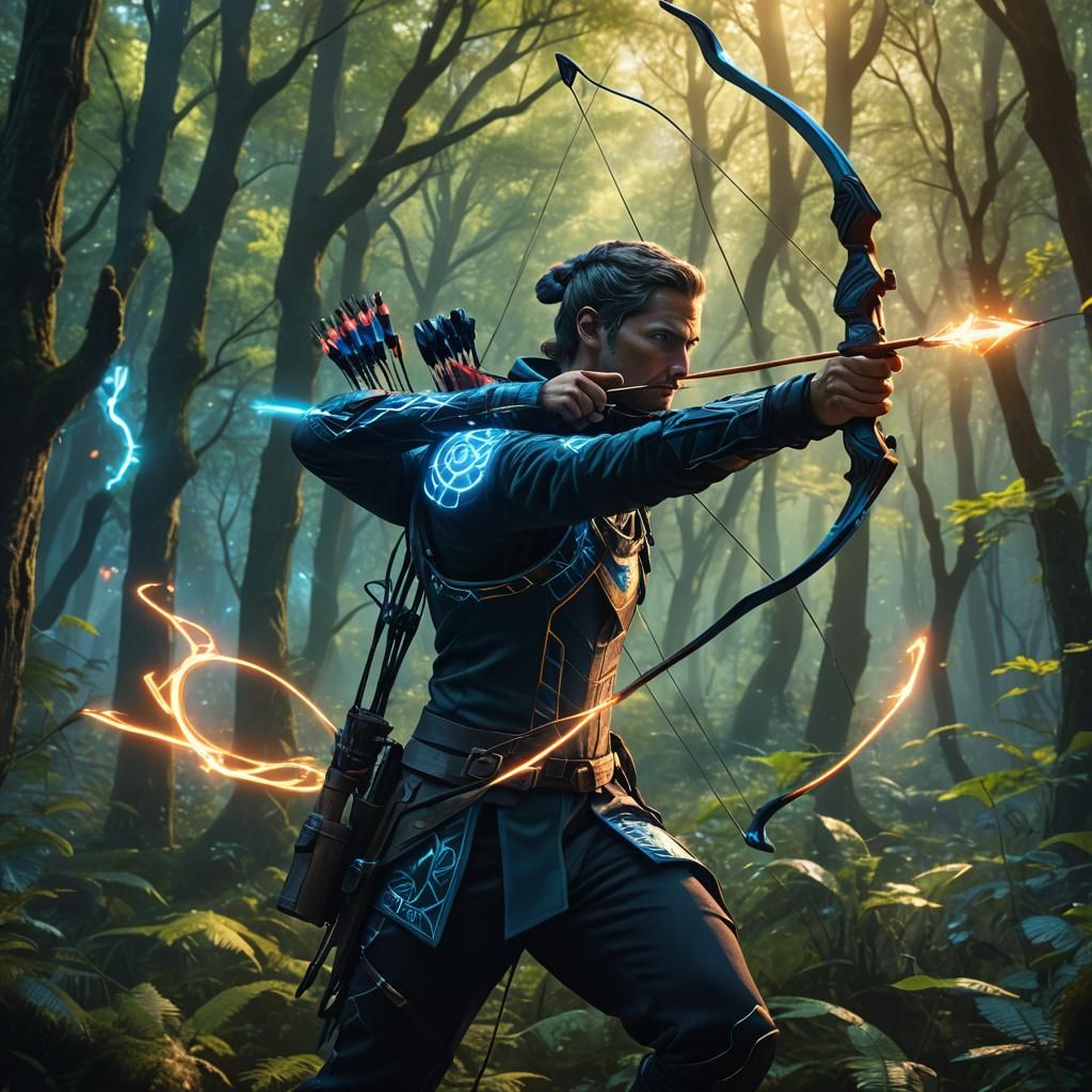 Archer in a Neon-Lit, Mystical Forest