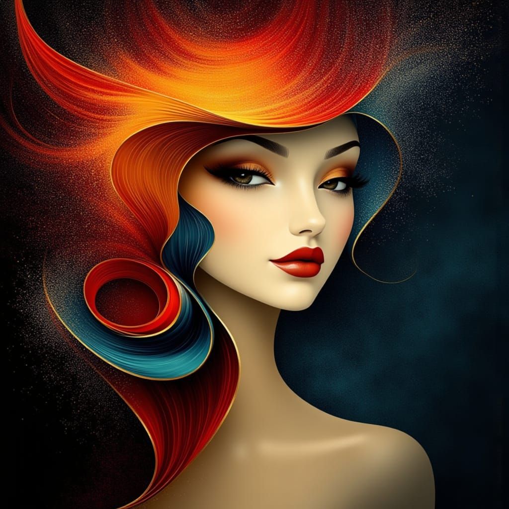 Vibrant Portrait of a Woman with Red Lipstick in a Whirlwind...