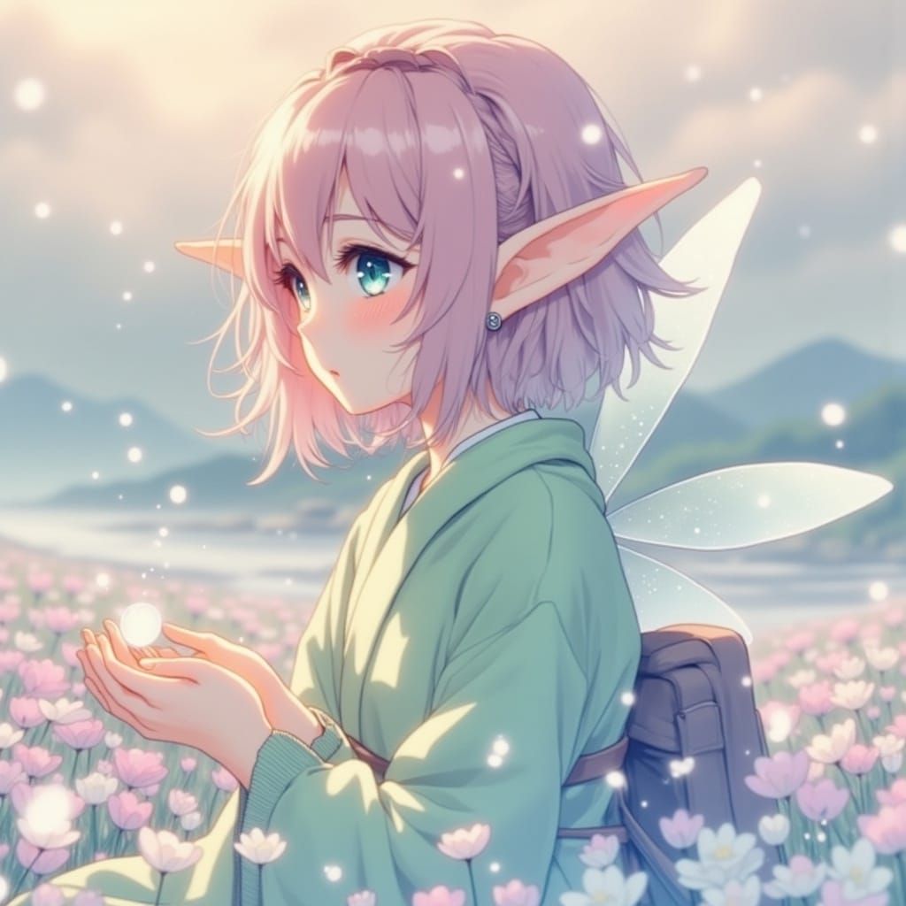 Anime Fairy with Raindrop in Watercolor Style