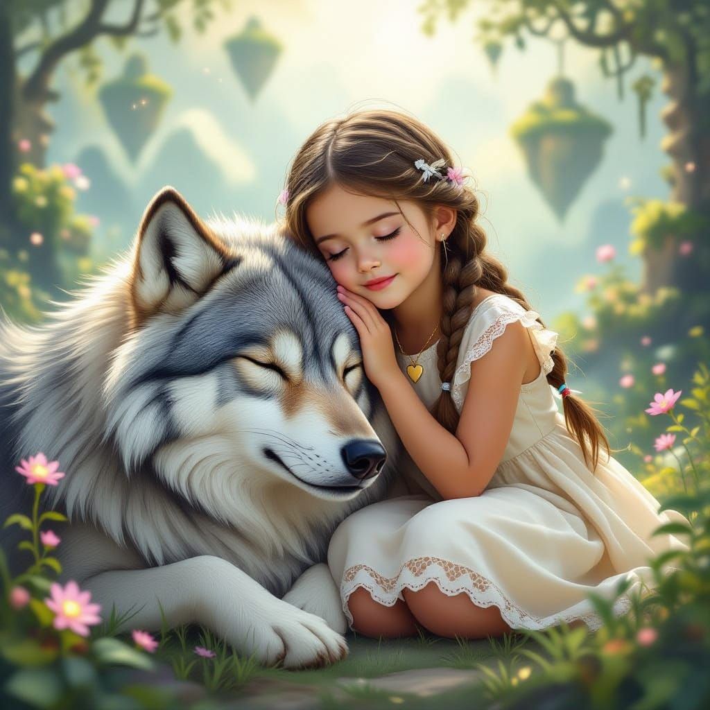 Girl and Shadow Wolf in Magical Watercolor Landscape