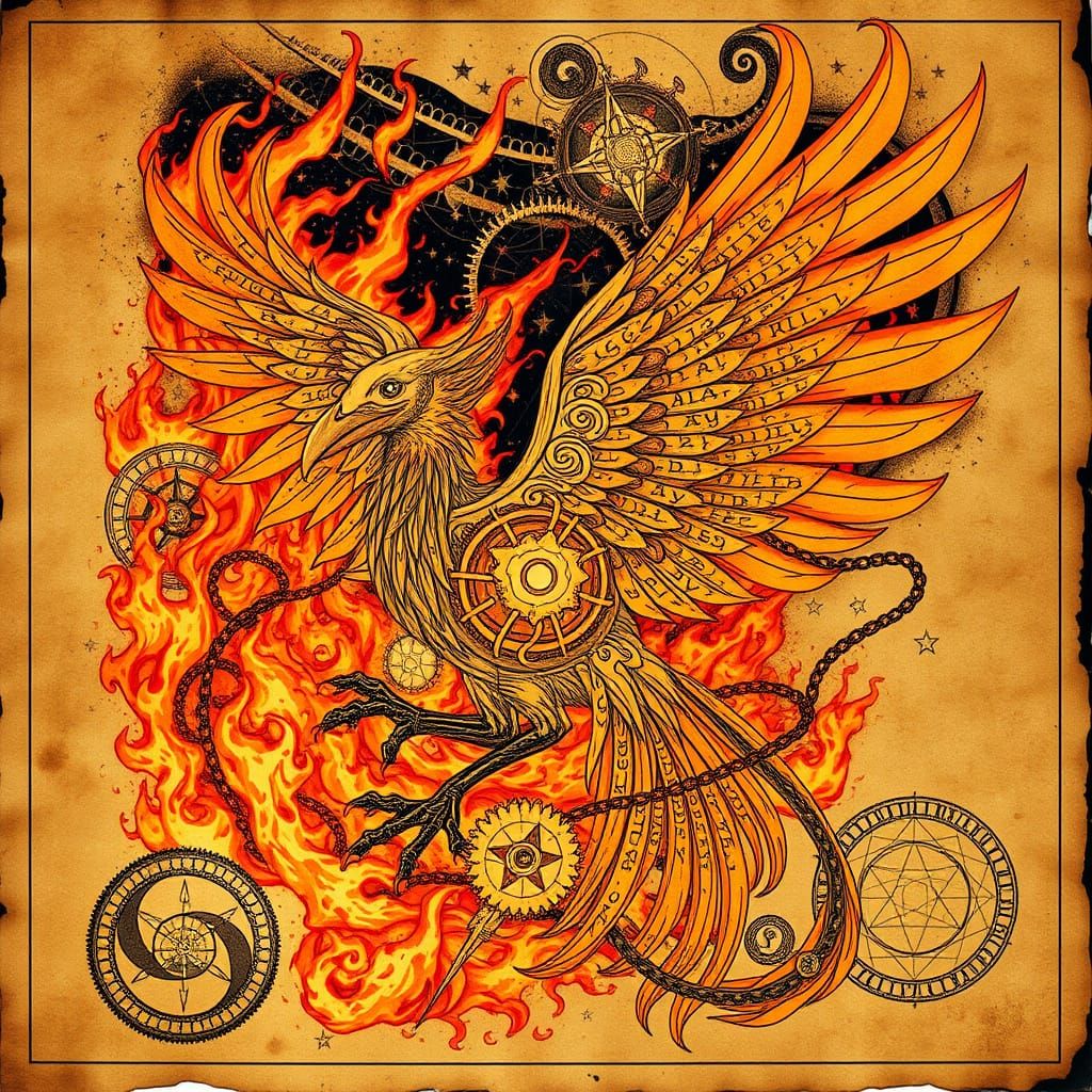 Mystical Phoenix Transformed into Ancient Script, Enveloped ...