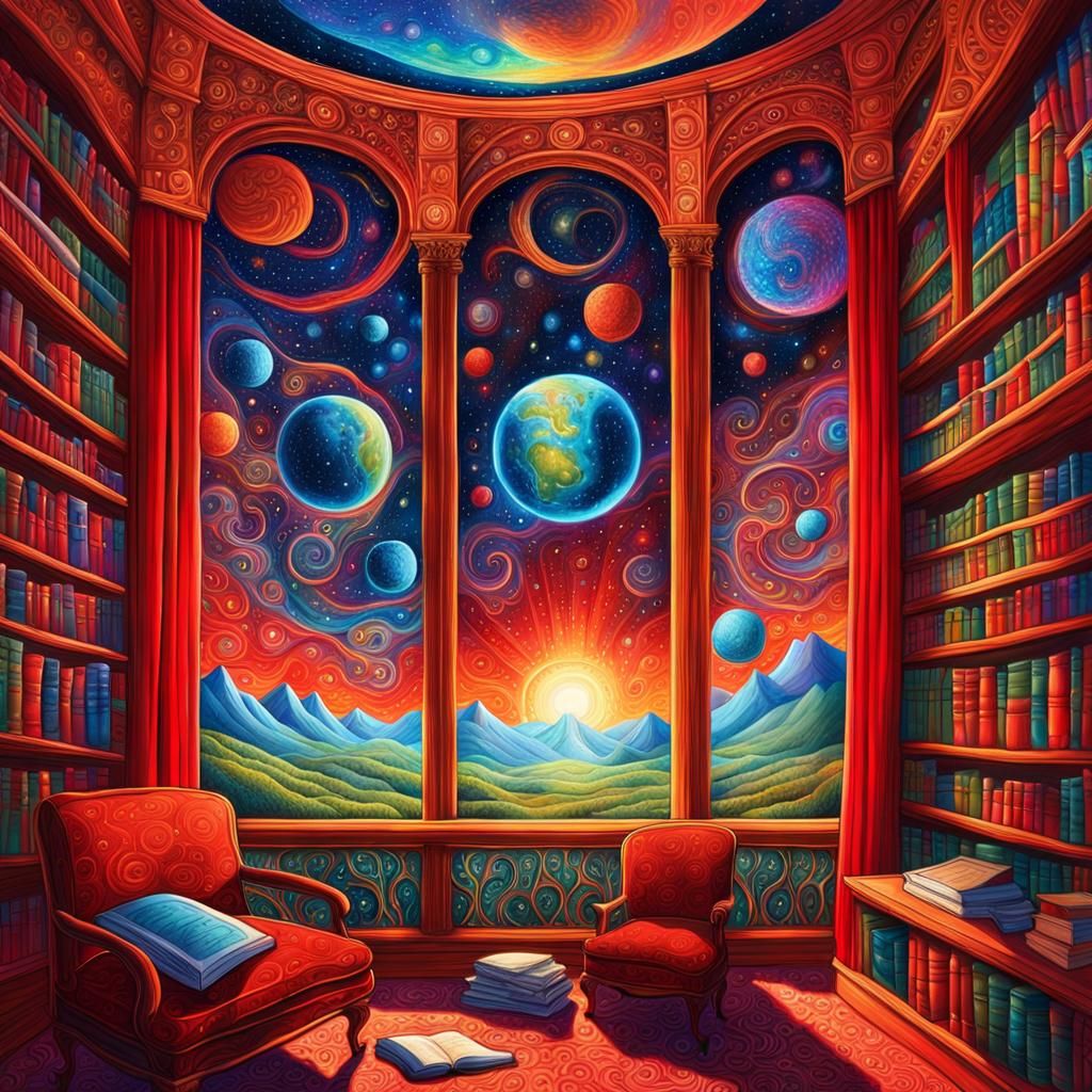 Cosmic Library: Astral Art with Red Curtains