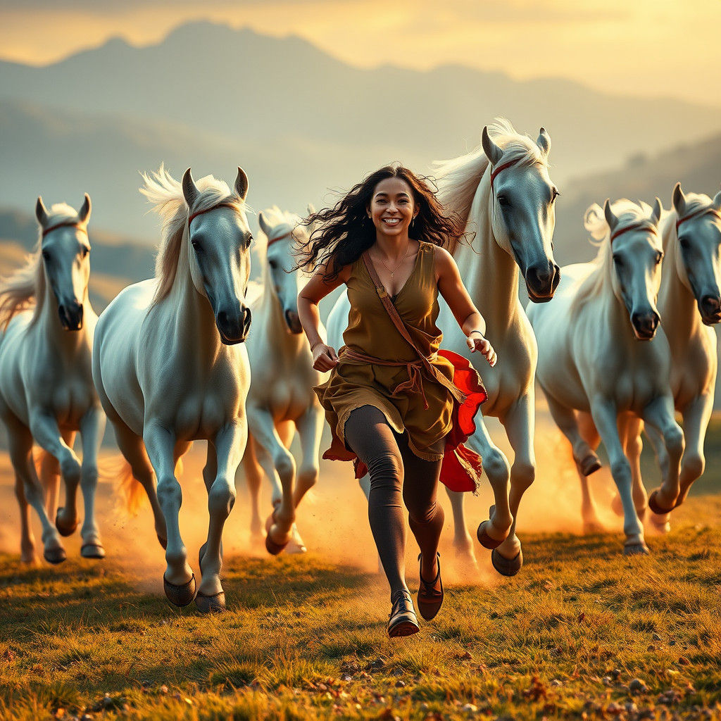 Woman Runs with White Horses in Dreamy Landscape