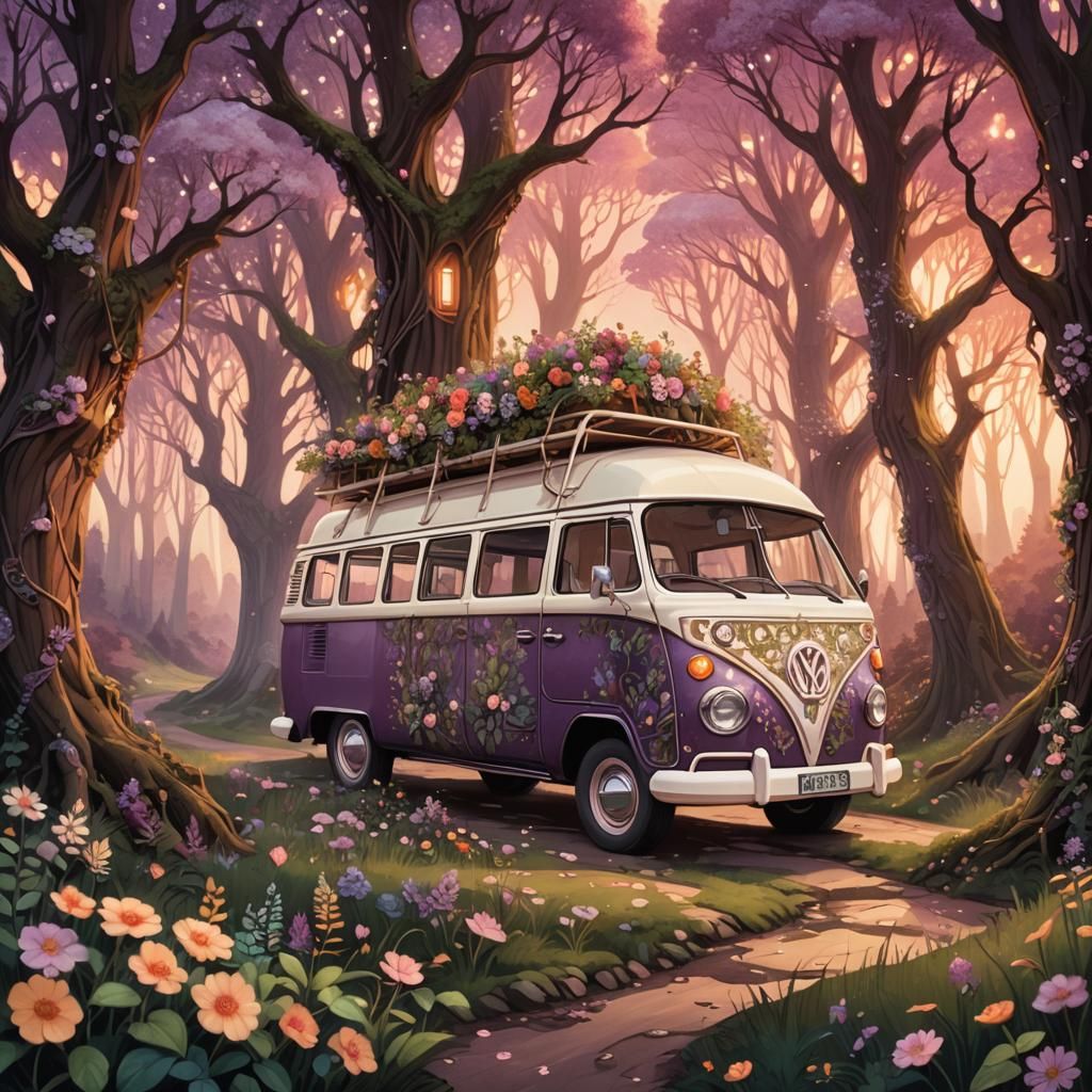 Mystical Campervan in a Glowing Fairytale Forest