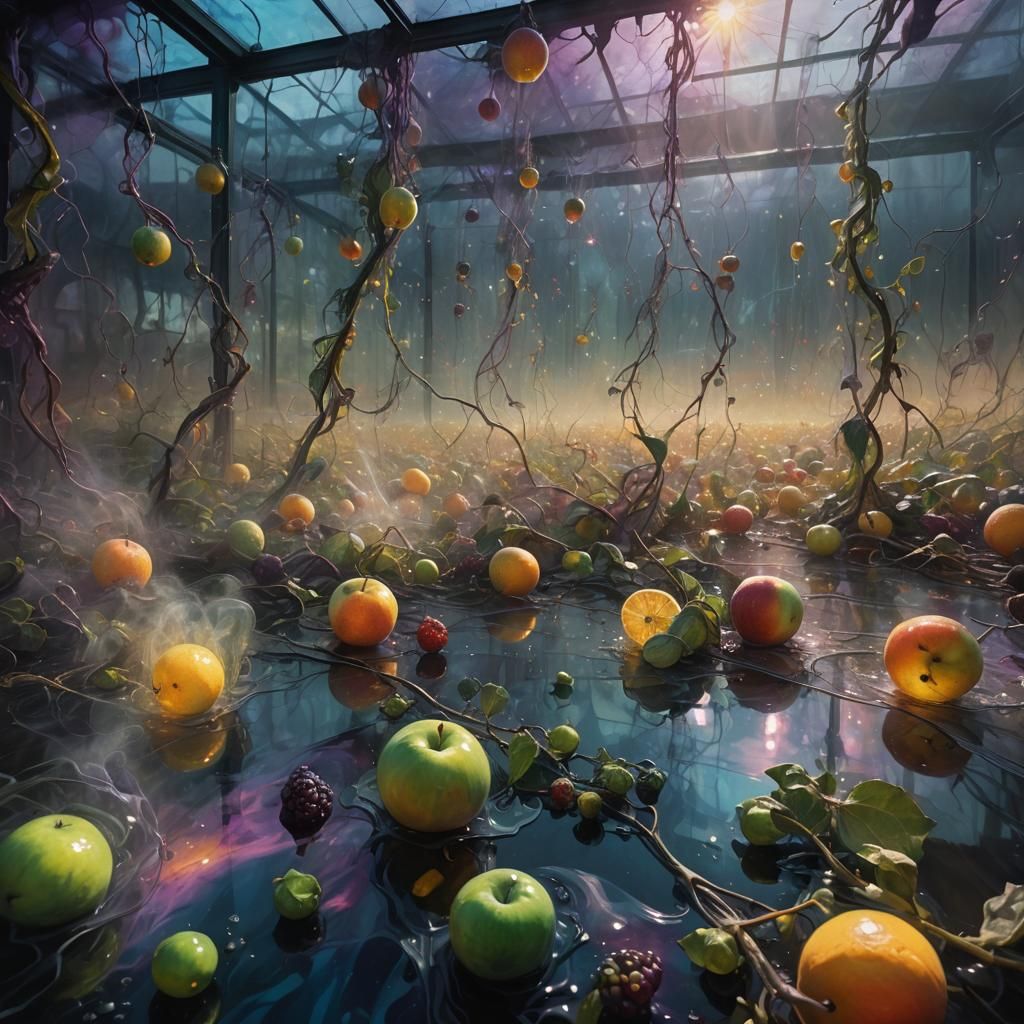 Ethereal Glowing Fruit Field in Glass Walls
