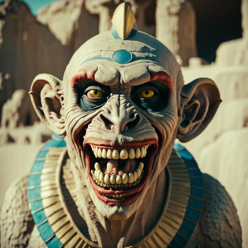 Zombie Monkey Clown Sphinx Grinning: Cinematic Film Still