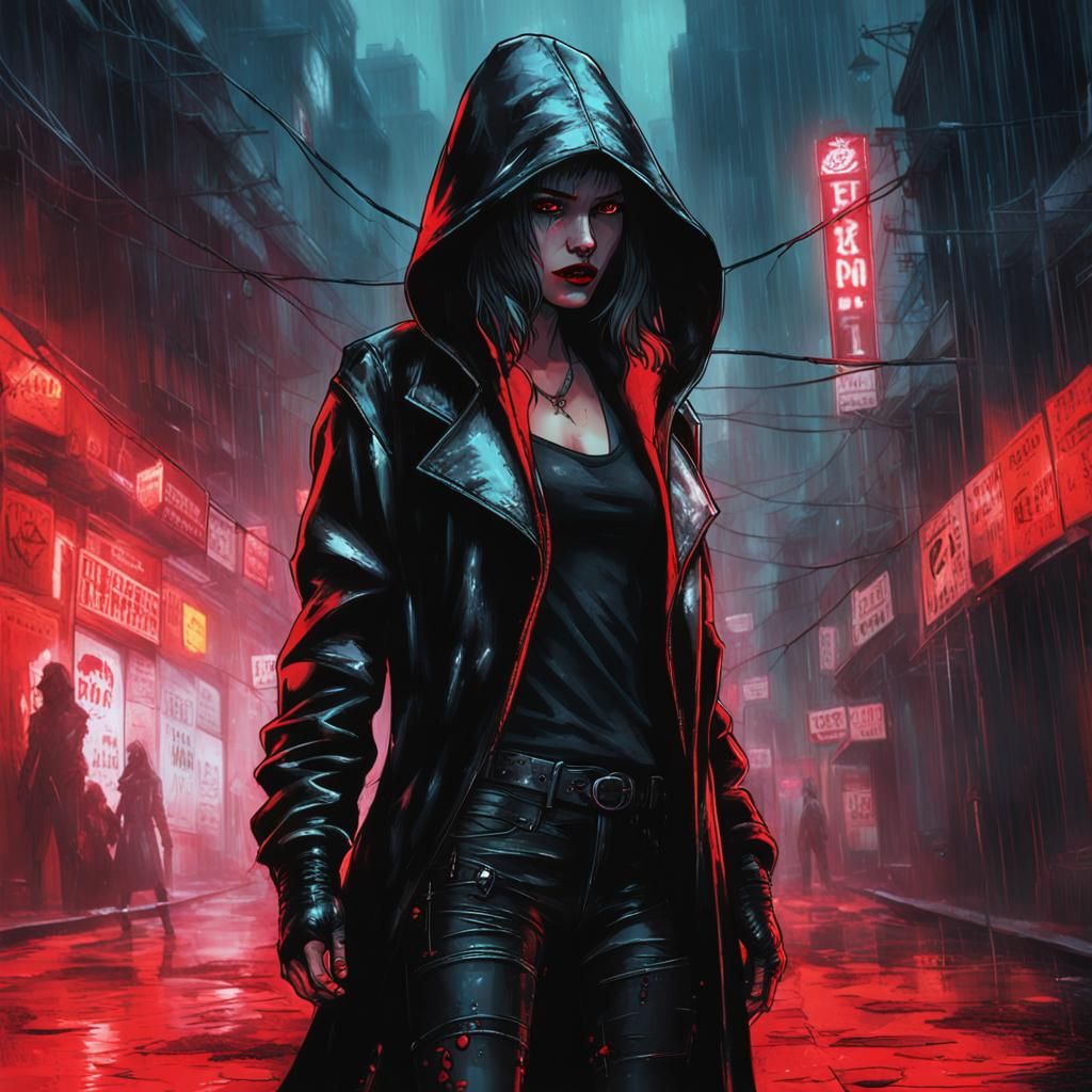 Cyberpunk Woman with Red Hood in Bloody Alley