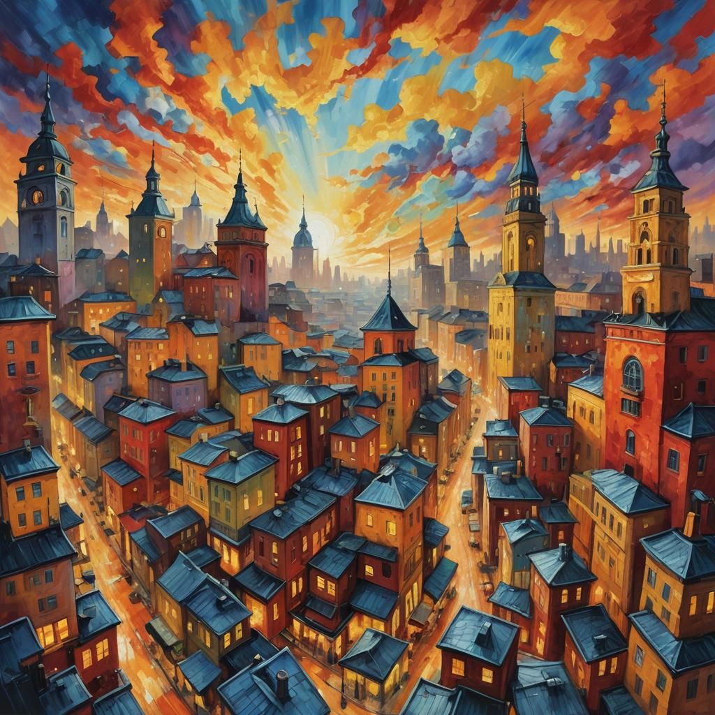 Vibrant Neo-Impressionist City at a Crossroads