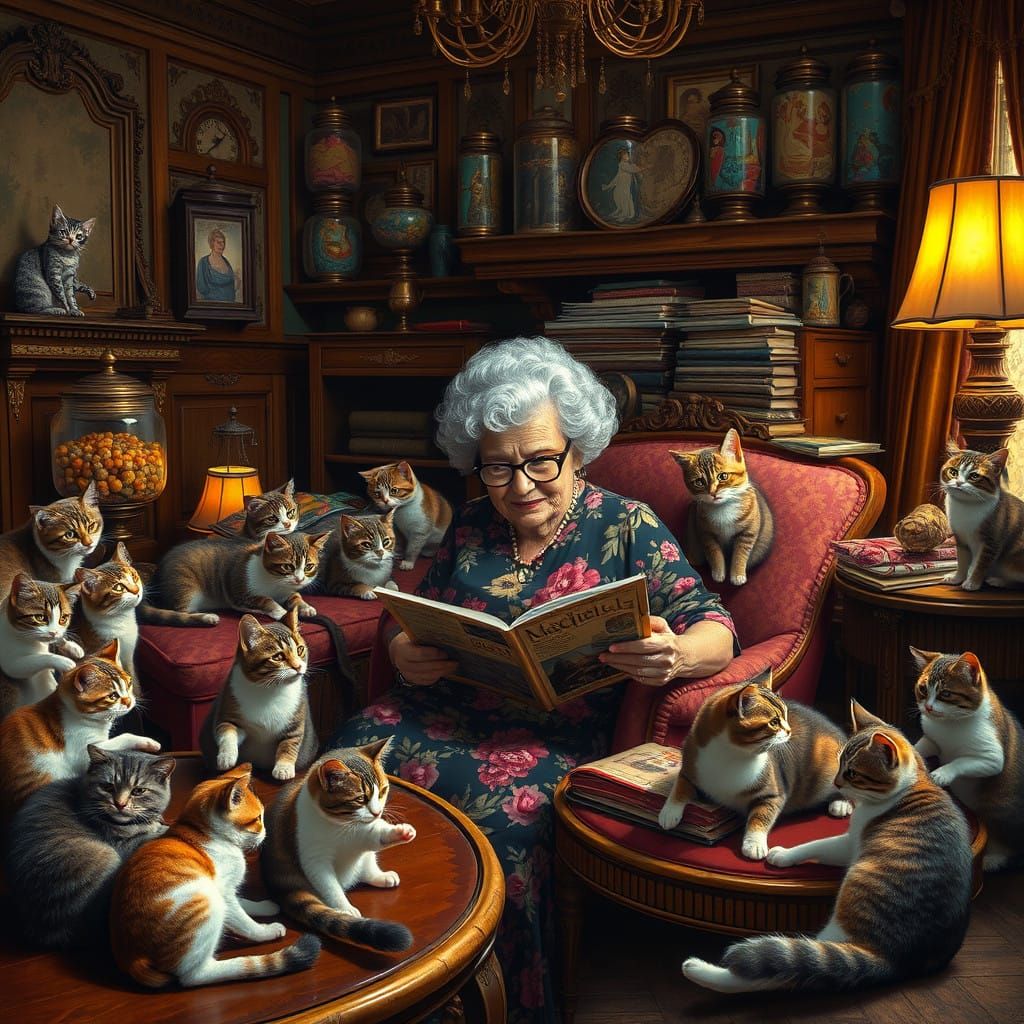 Elegant Grandma Surrounded by Antique Furniture and Playful ...