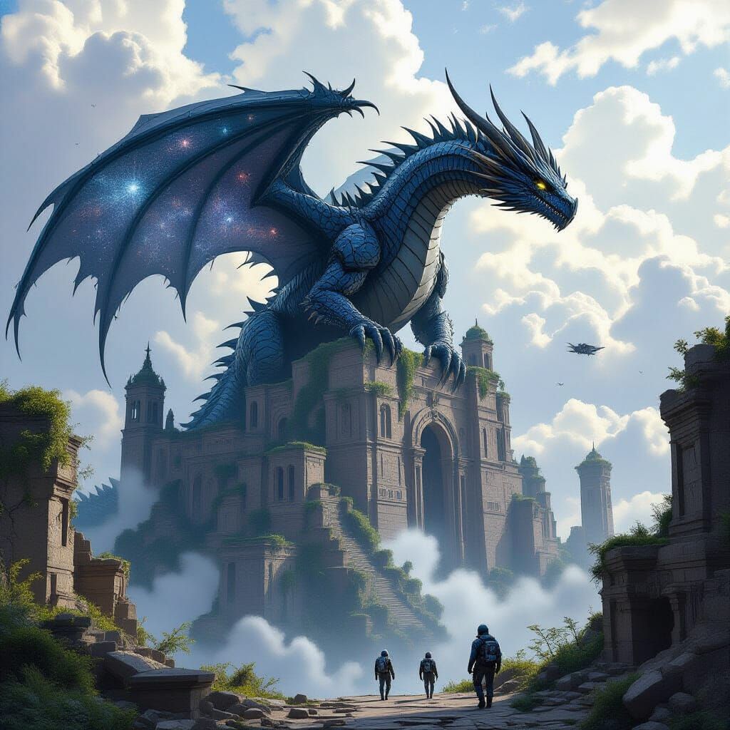 Obsidian Dragon Perched Atop Celestial City