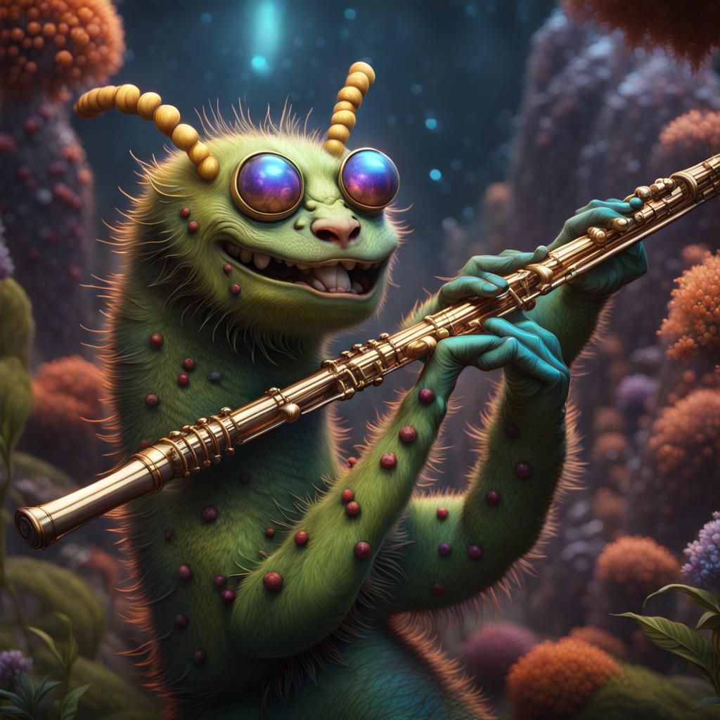 Fantastical Caterpillar Playing Flute in Detailed Matte Pain...