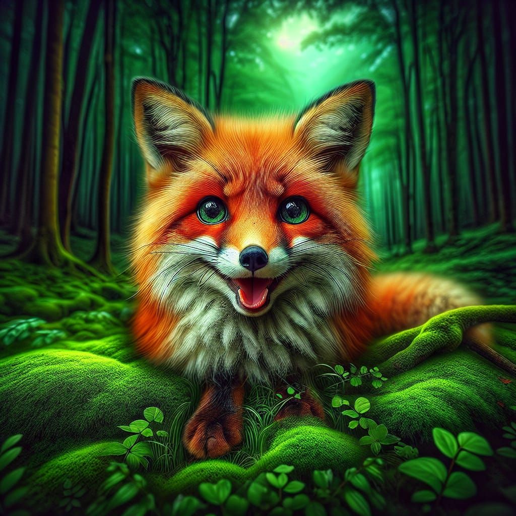 Hyperrealistic Red Fox in Moody Forest at Night