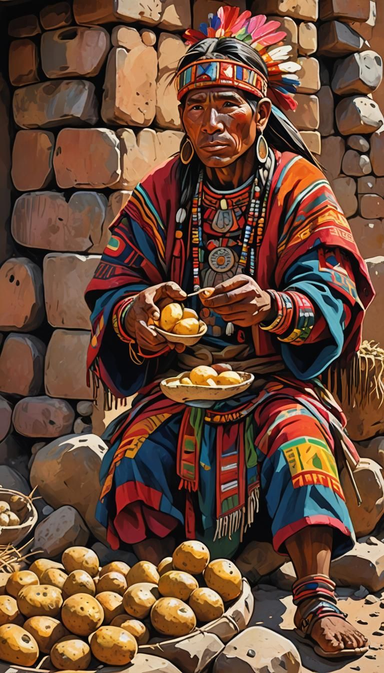 Inca Warrior Eating Potatoes in Latin American Folk Art
