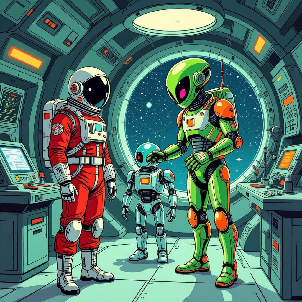 Retro-Futuristic Spaceship Robot Repair in 1950s Style