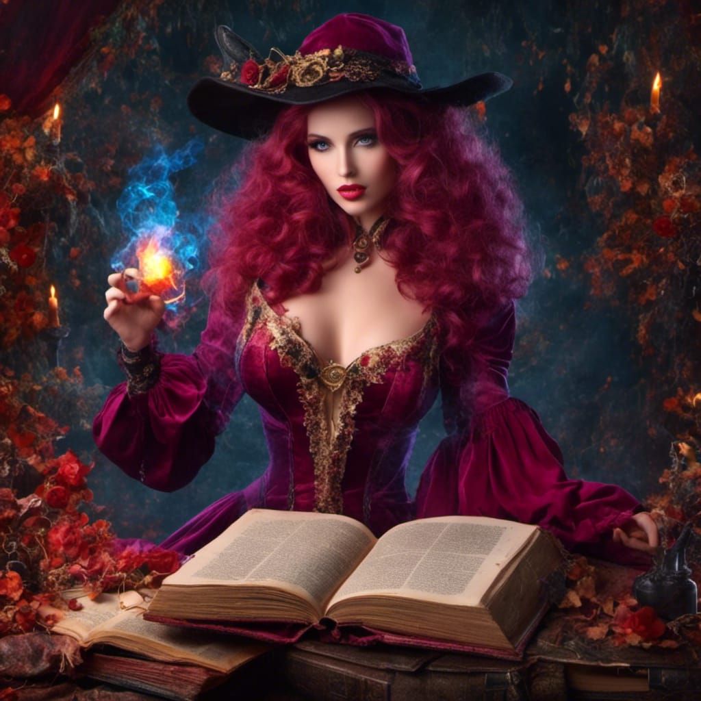 Sensual Sorceress Emerges from Book: Dark Fantasy Cartoon