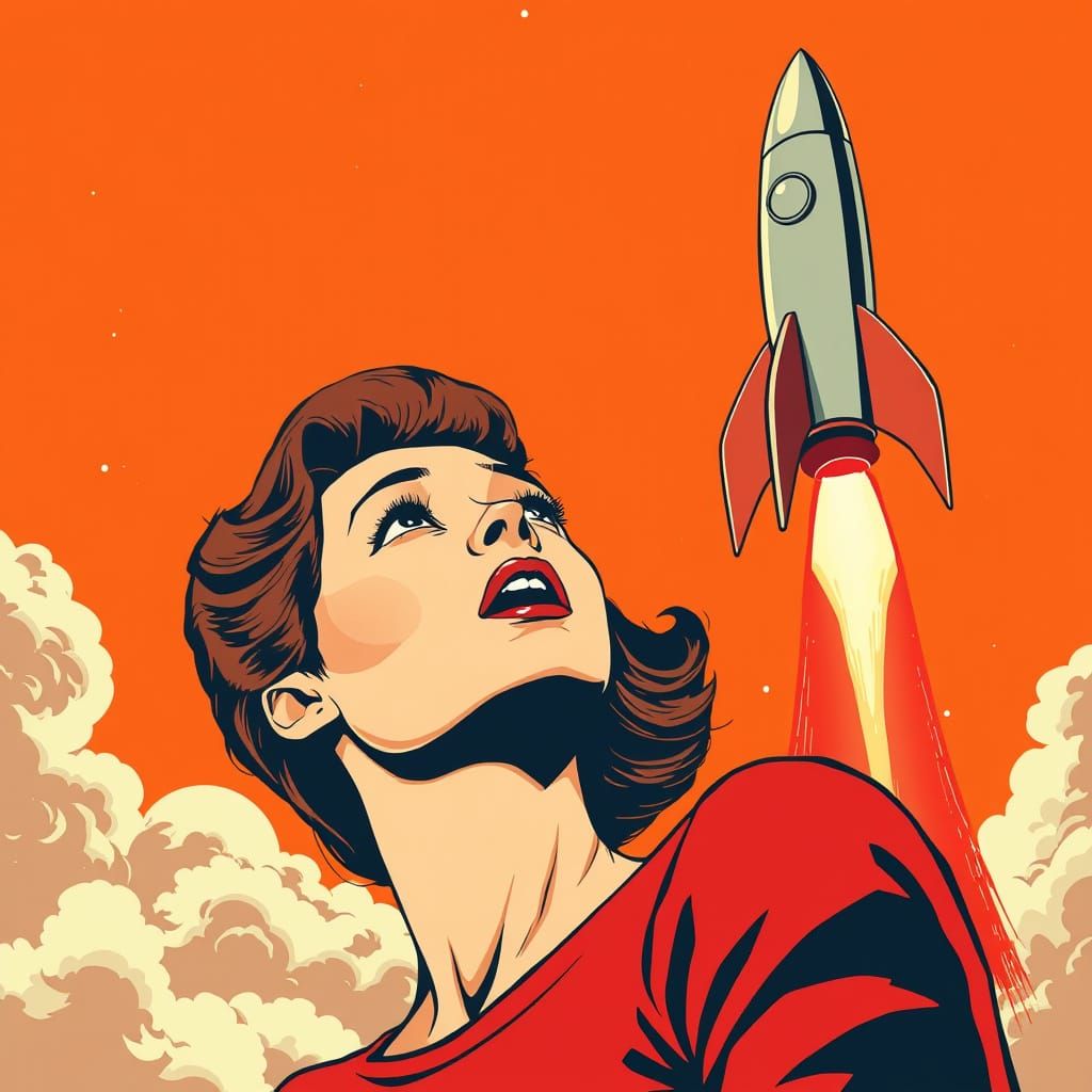 Astonished Woman Watches Rocket Ship Soar Through Cosmic Ski...