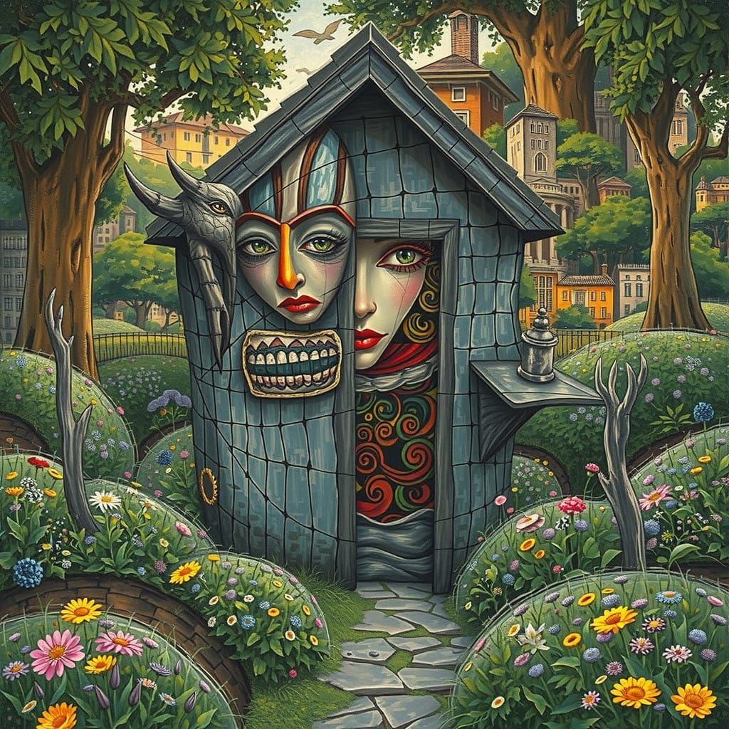 Cubist Cityscape with Avant-Garde Woman and Geometric Creatu...