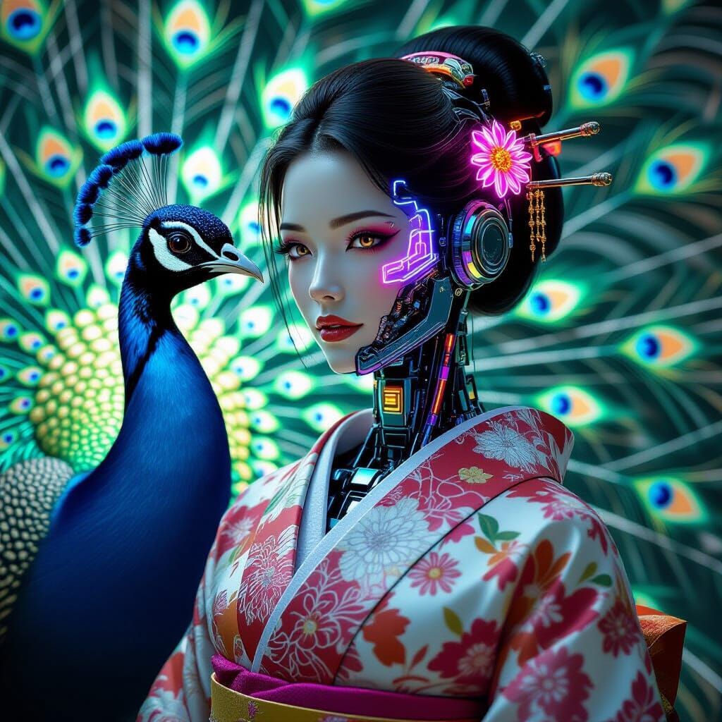 Cybernetic Robot in Kimono with Glowing Peacock