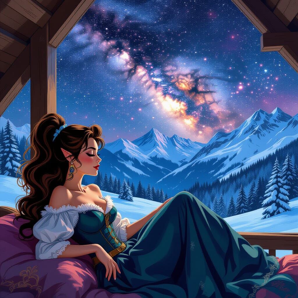 60s Pin-Up Dark Fairy Illustration with Starry Night Sky