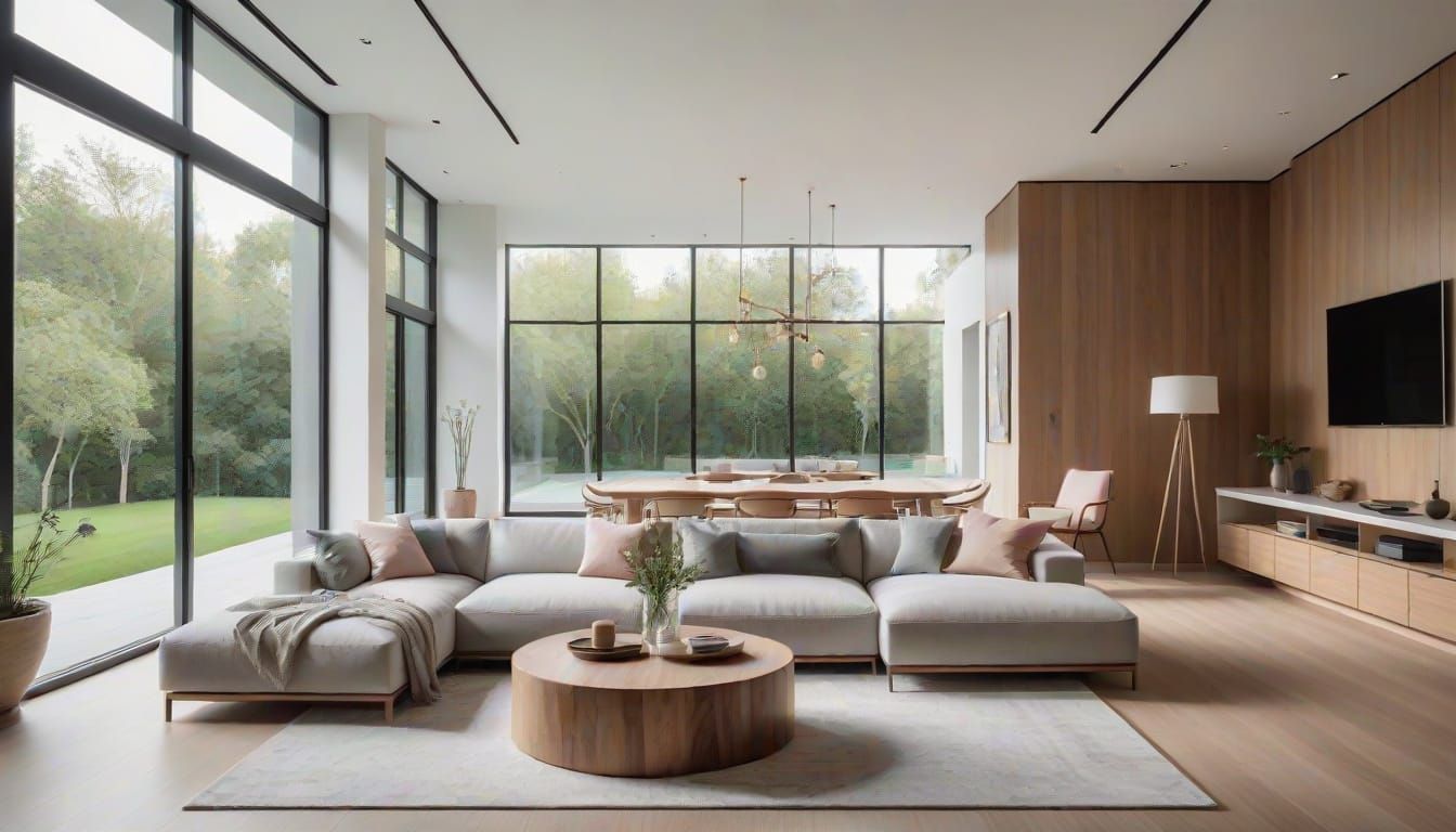 Soothing Minimalist Retreat with Large Windows and Wooden Ac...