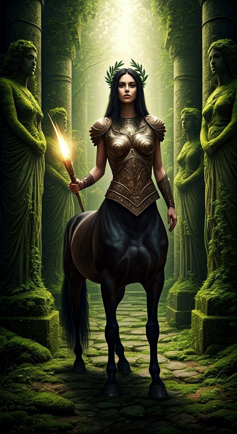 Centaurette in Enchanted Grove with Grecian Armor