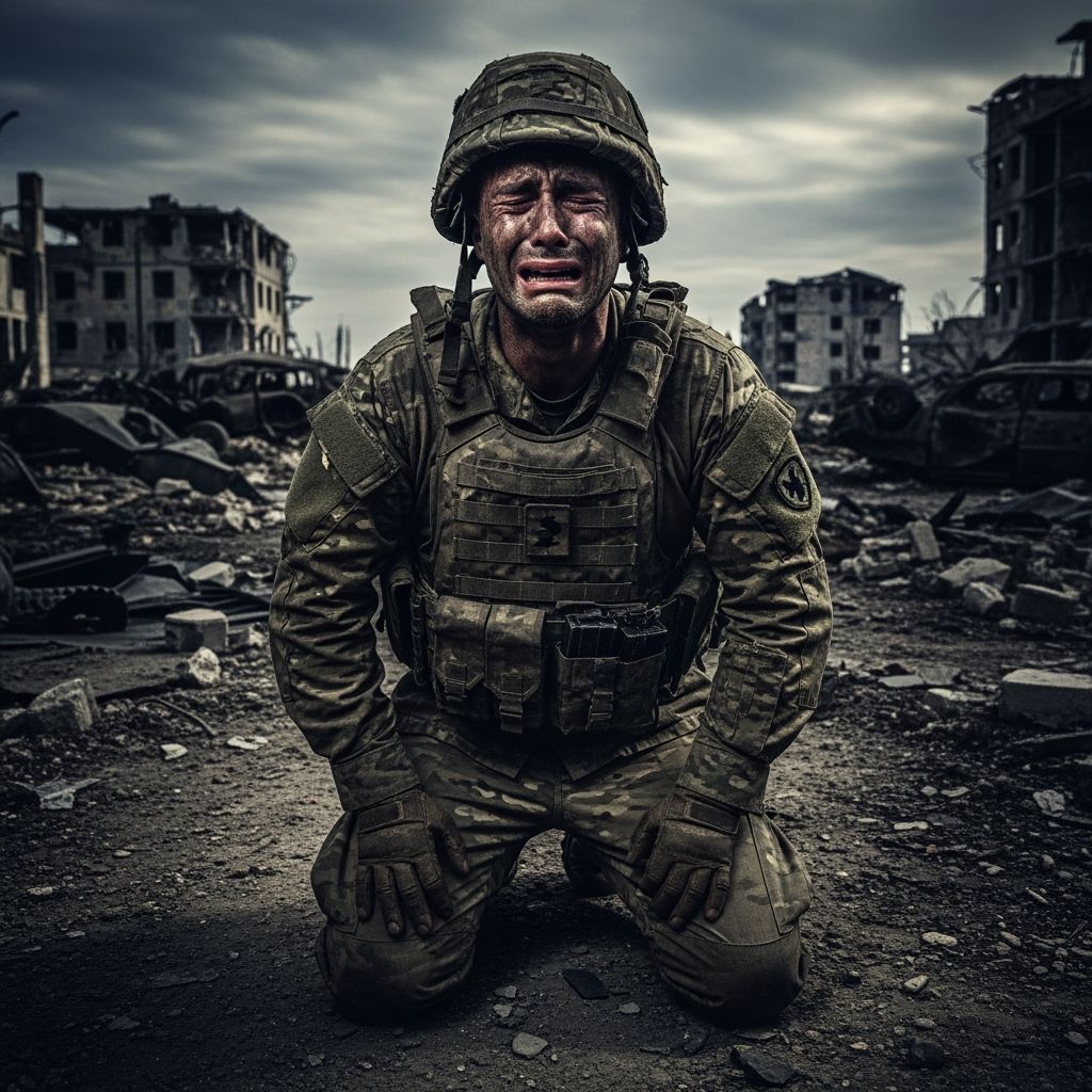 Soldier's Anguish in War-Torn Battlefield