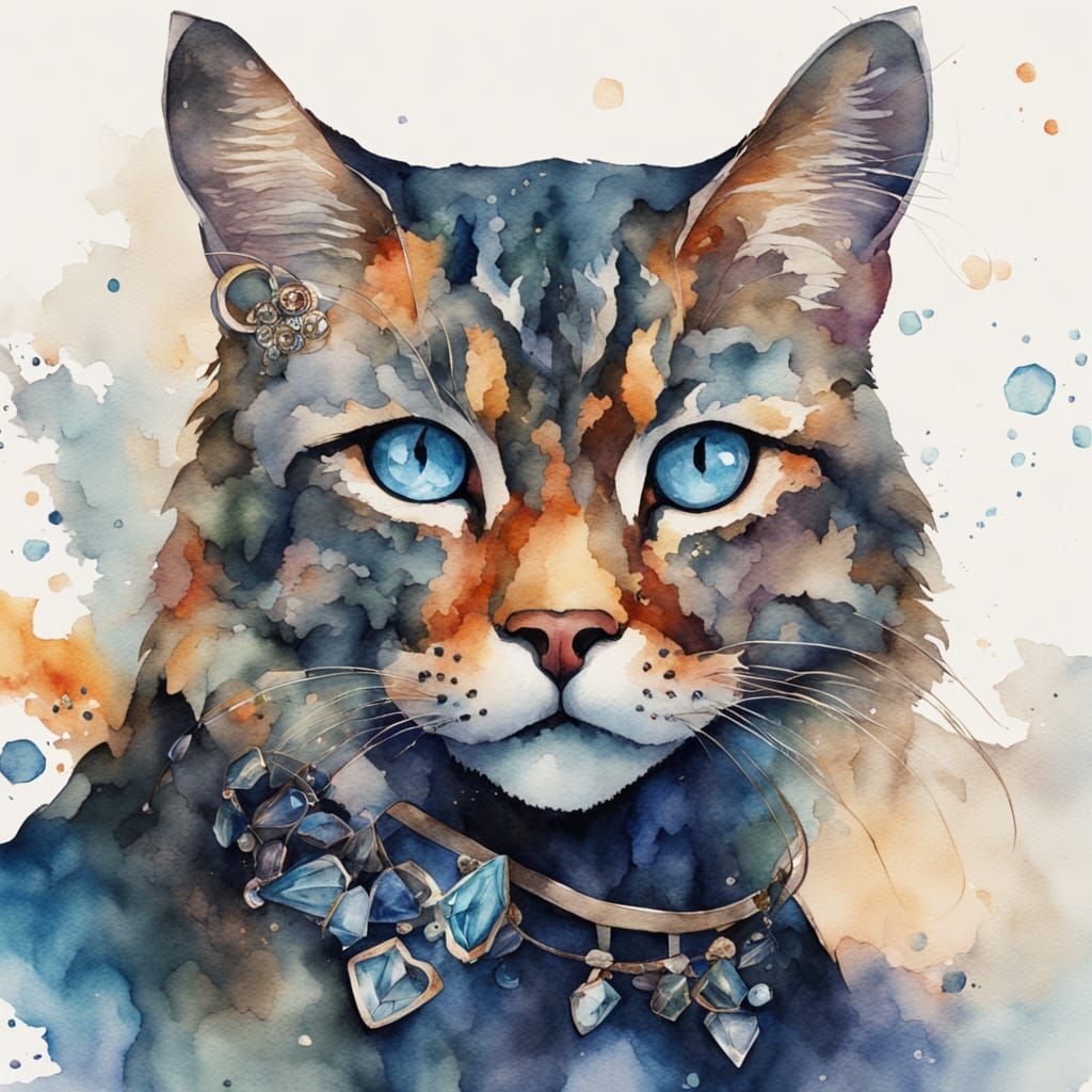Obsidian Cat with Sapphire Eyes, Watercolor Fantasy