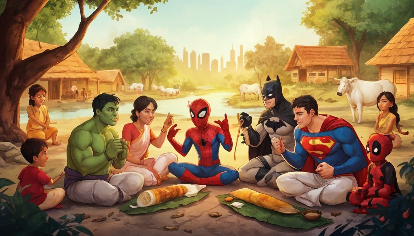 Superheroes Enjoying Indian Food, Marvel-Style Illustration