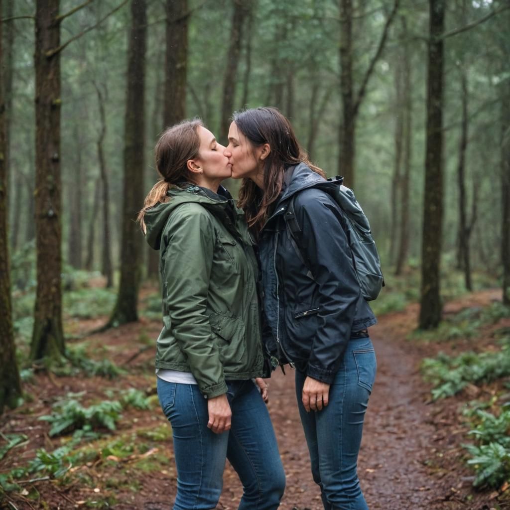 Women Share Rainy Kiss in Forest Photography