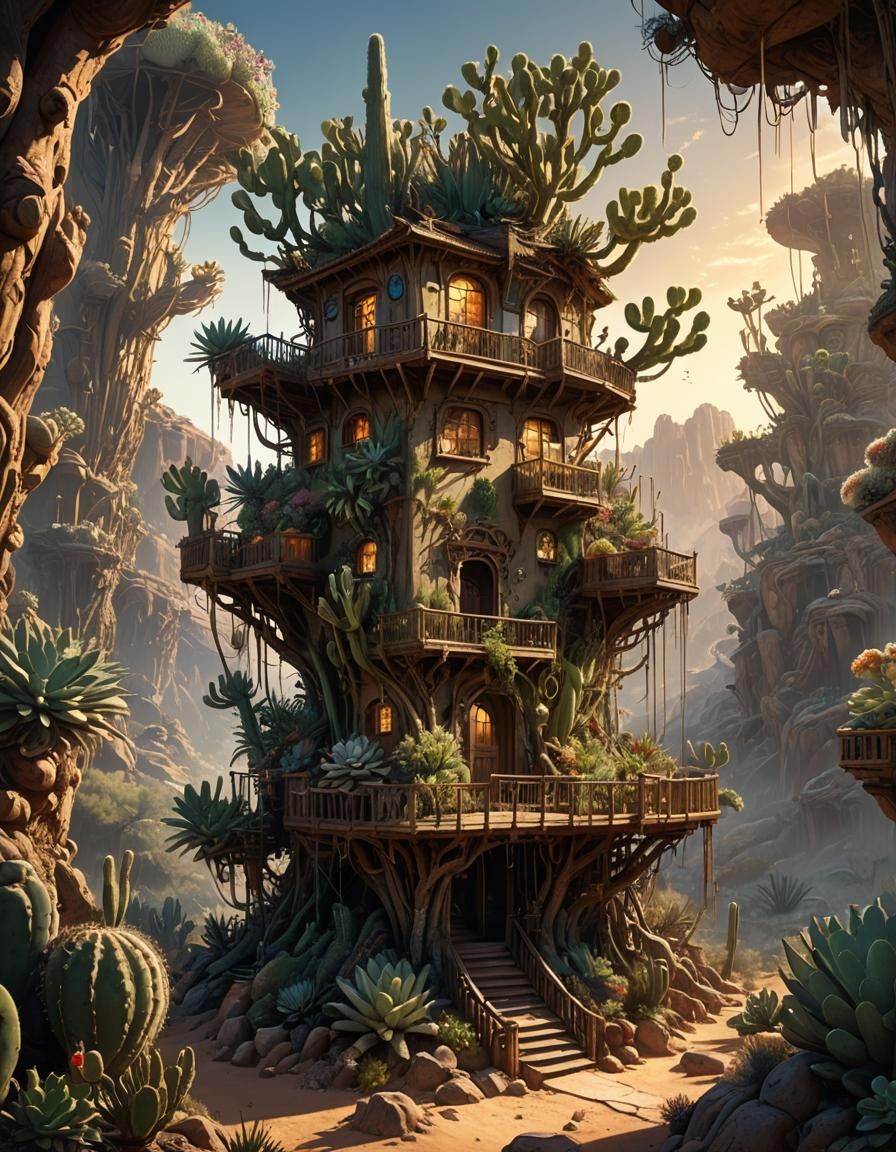 Cactus Treehouse in Desert Oasis, Hyperdetailed Art