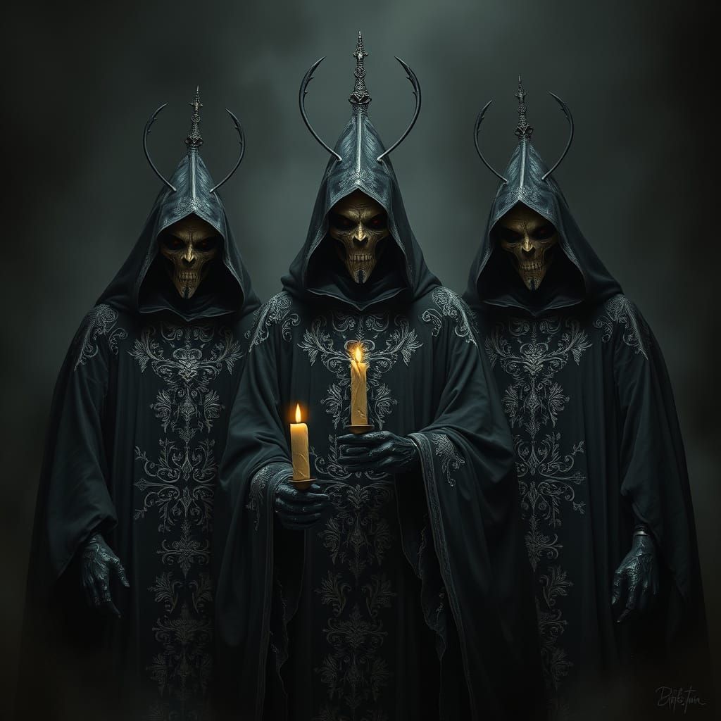 Mysterious Figures in Dark Ceremonial Attire