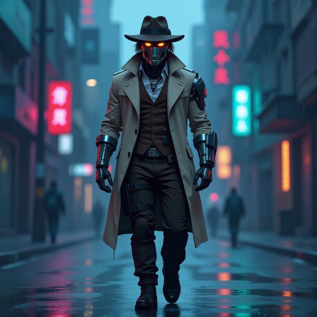 Cyborg Detective in Neon City Cyberpunk Art