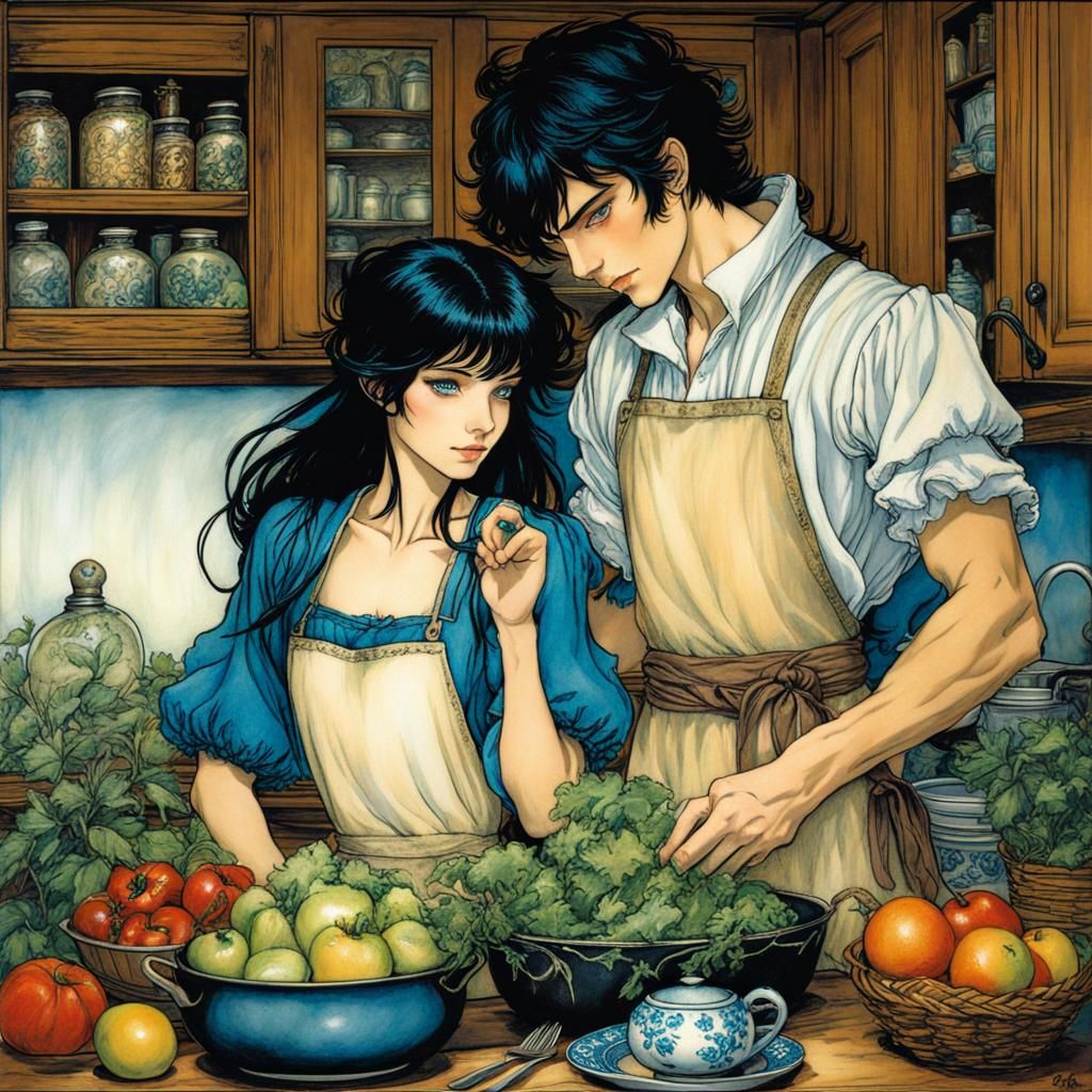 Magical Kitchen Scene in Arthur Rackham Style