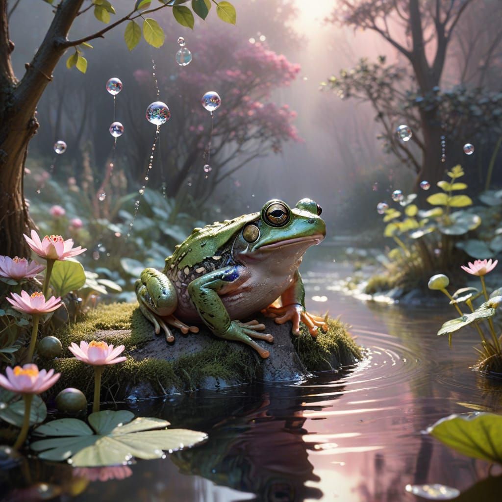 Surprised Frog in Pink Pond, Pre-Raphaelite Style