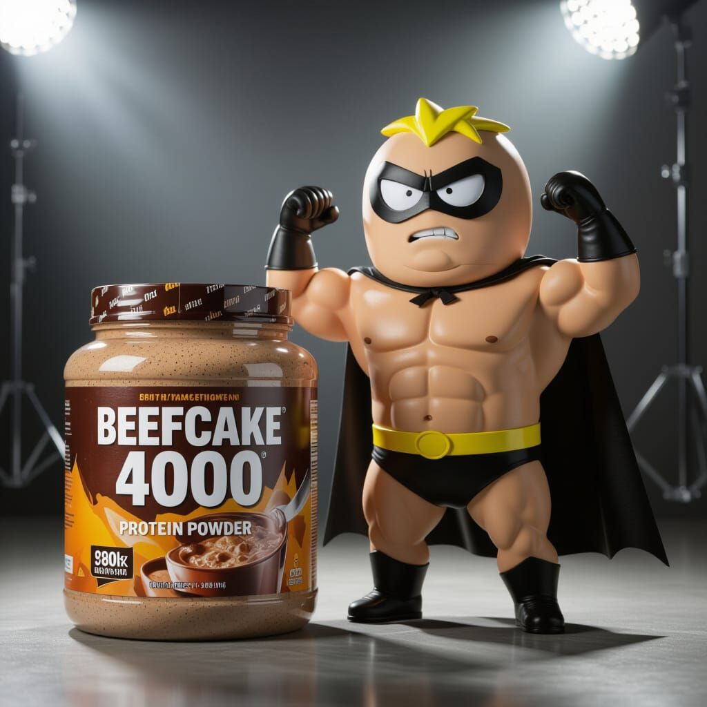 Cartman Flexes Beside "BEEFCAKE 4000" Protein Tub