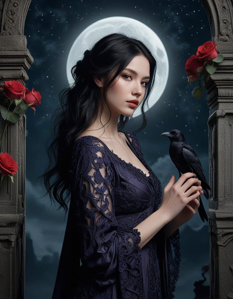 Gothic Whimsigoth Maiden in Moonlit Tower of Roses