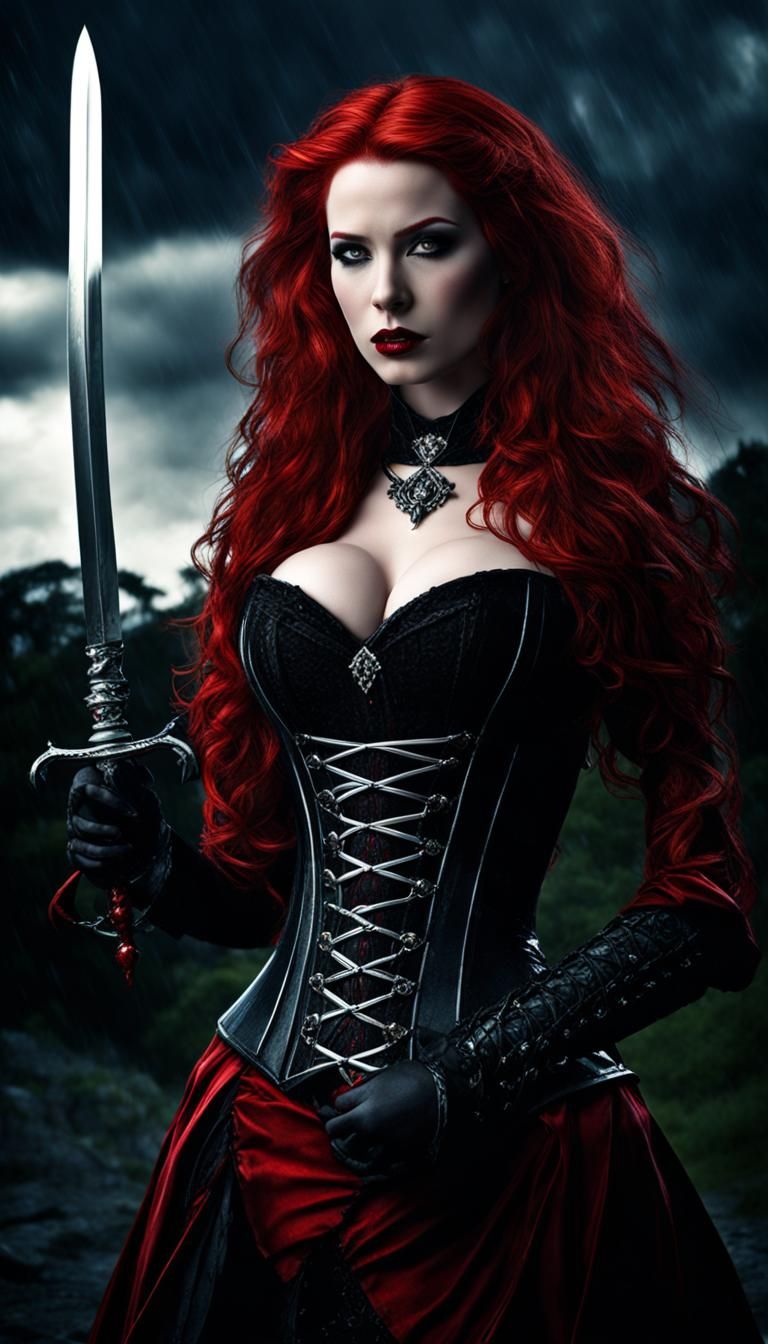 Redhead Vampire with Sword in Rainy Gothic Scene