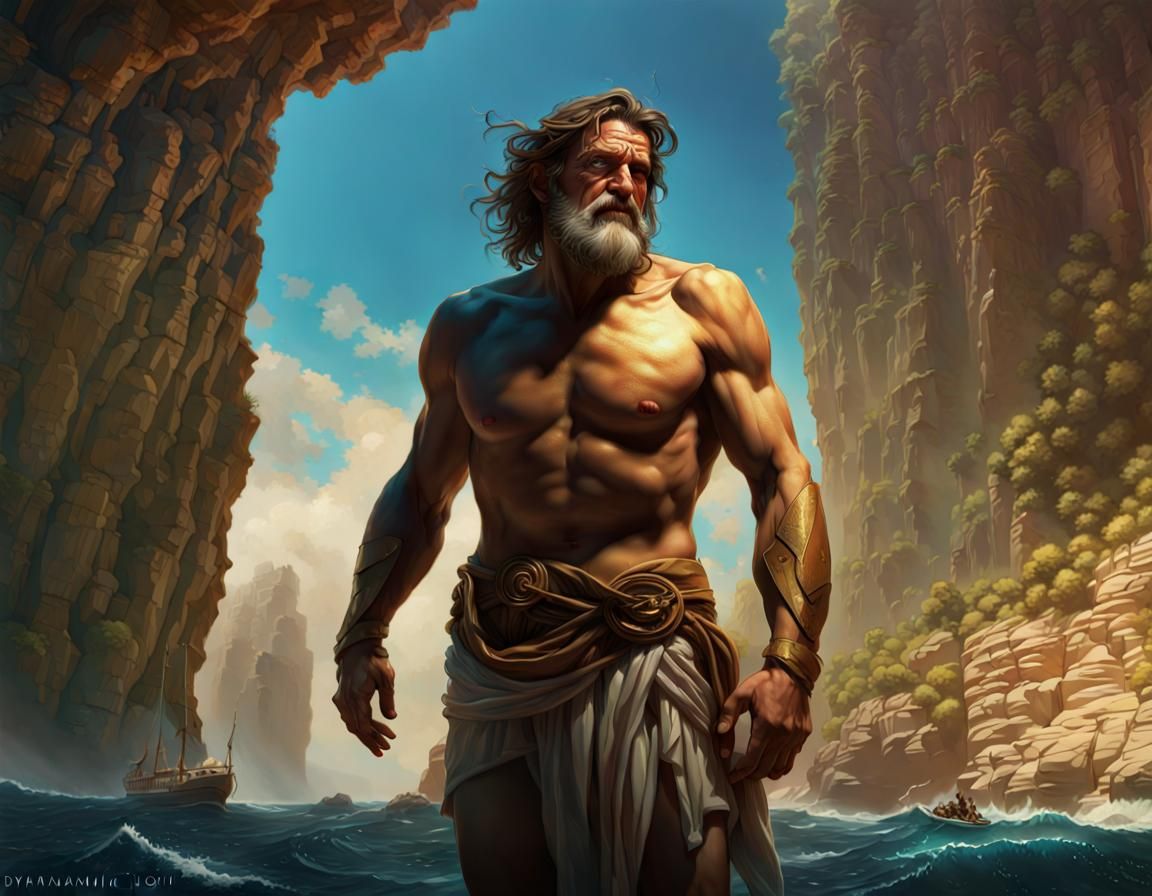 Ulysses Blinds Cyclops: Hyperrealistic Dark Fantasy Scene