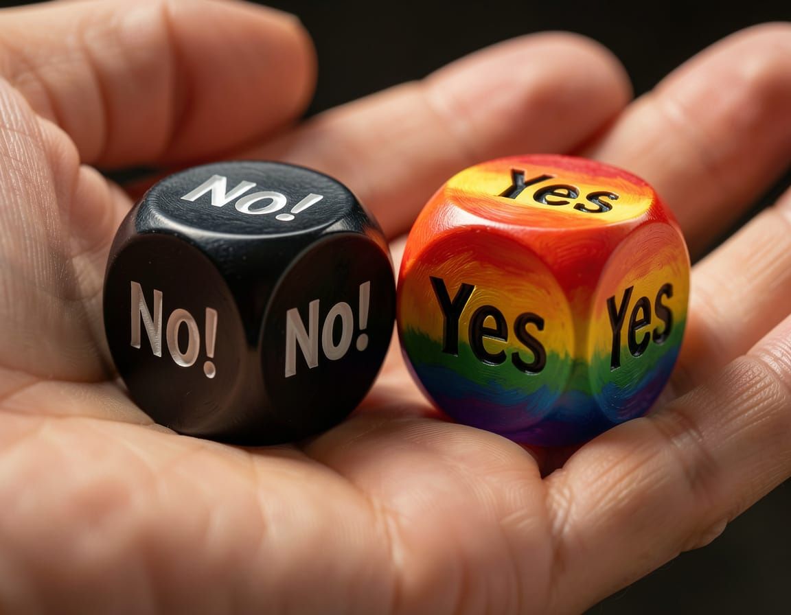 Decision Dice: Yes and No in Dramatic Lighting