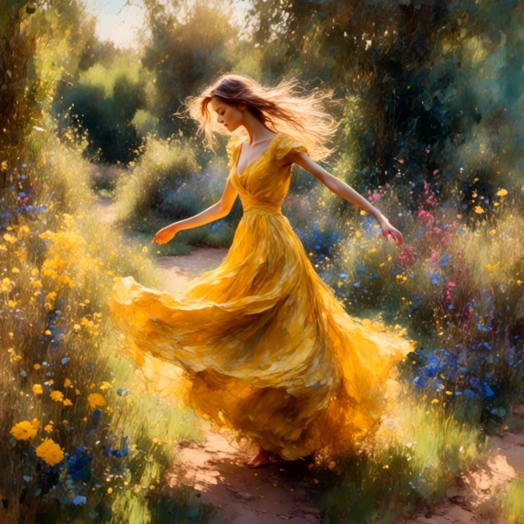 Woman Dancing in Garden, Impressionist Style