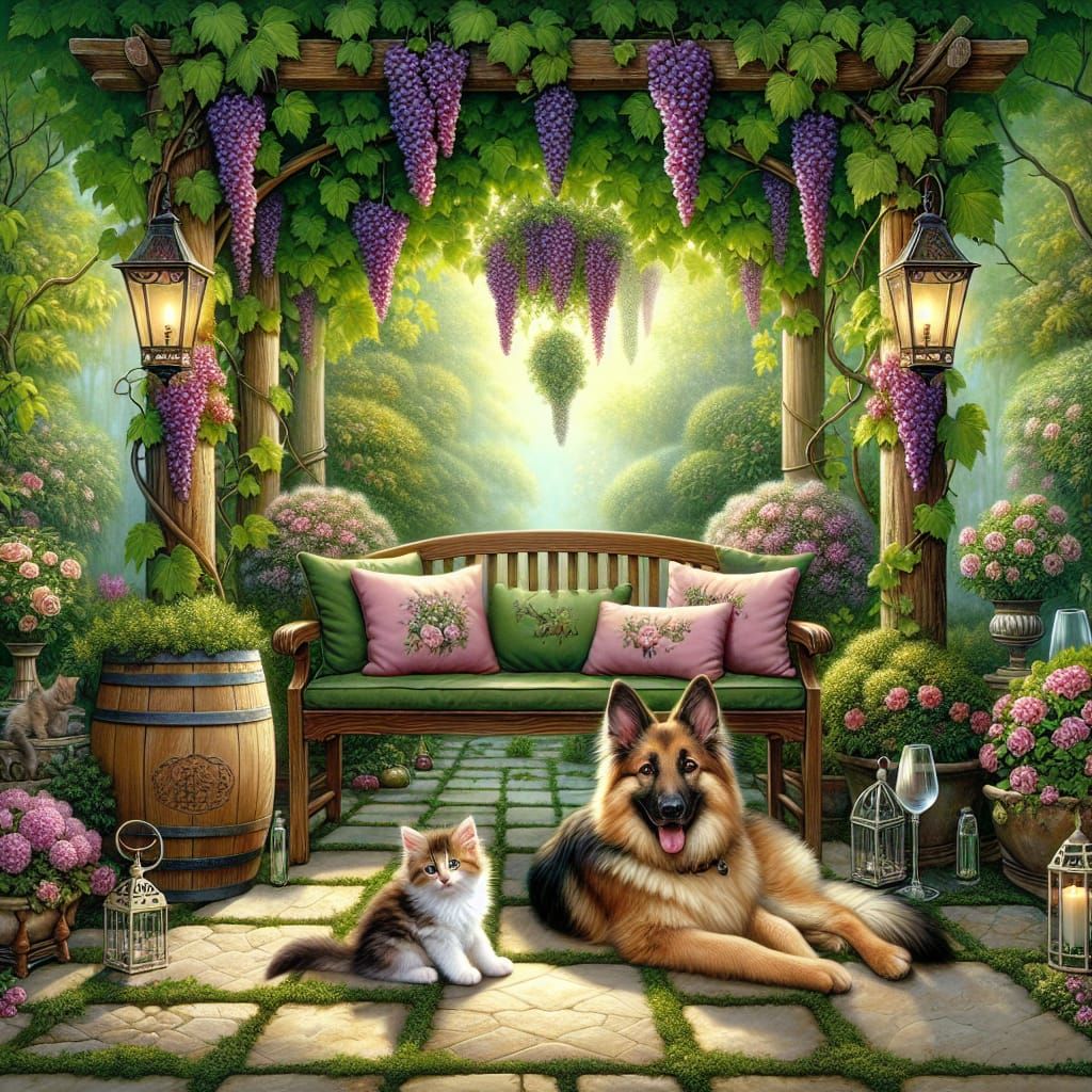 Charming Garden Scene with Loyal Kitten and German Shepherd