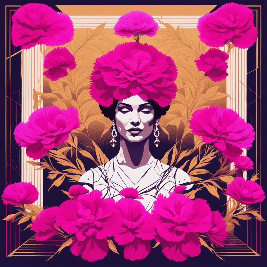 Goddess Blessing Magenta Flowers in Pop Art Style