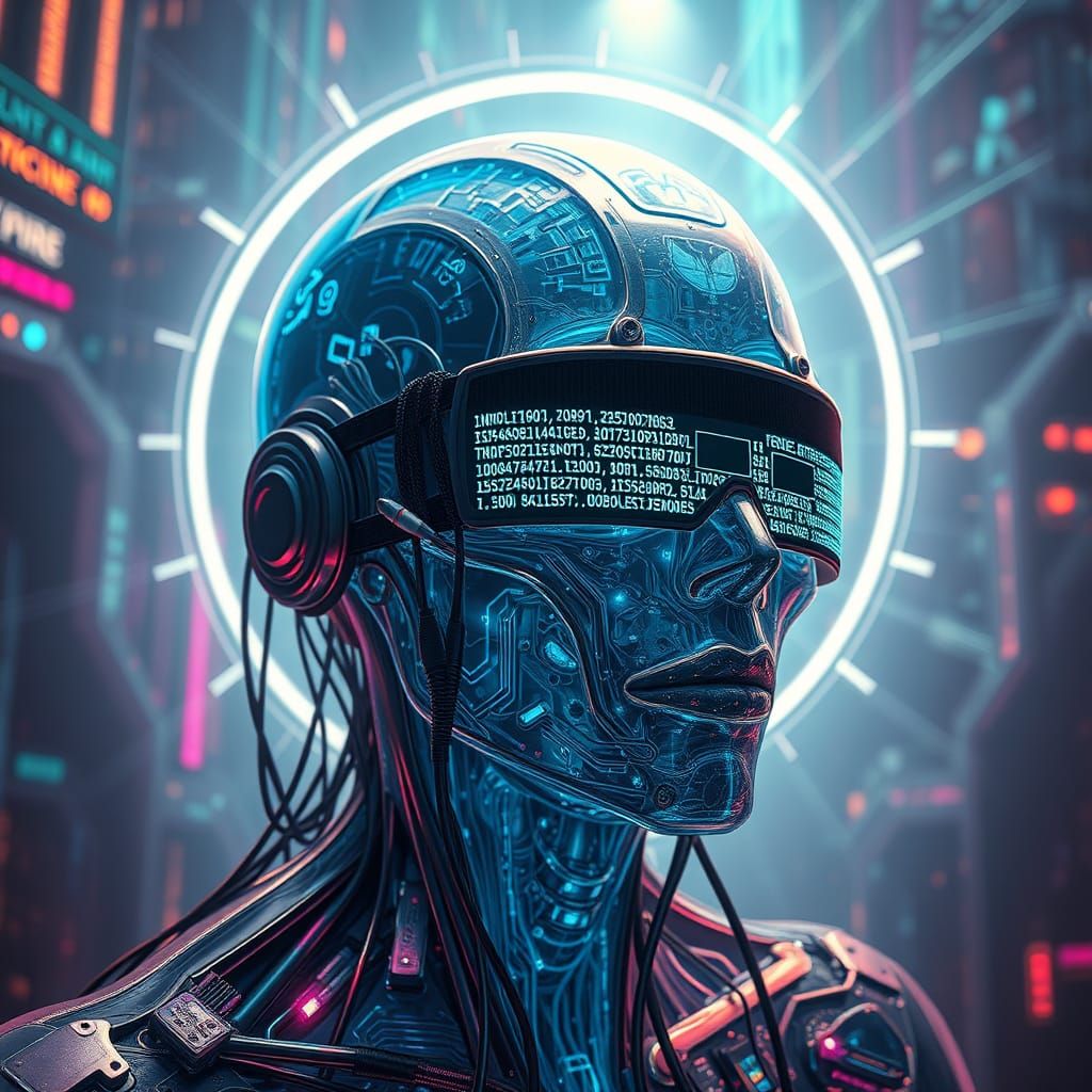 Glowing Cyber Entity in a Neon-Lit Holographic Realm