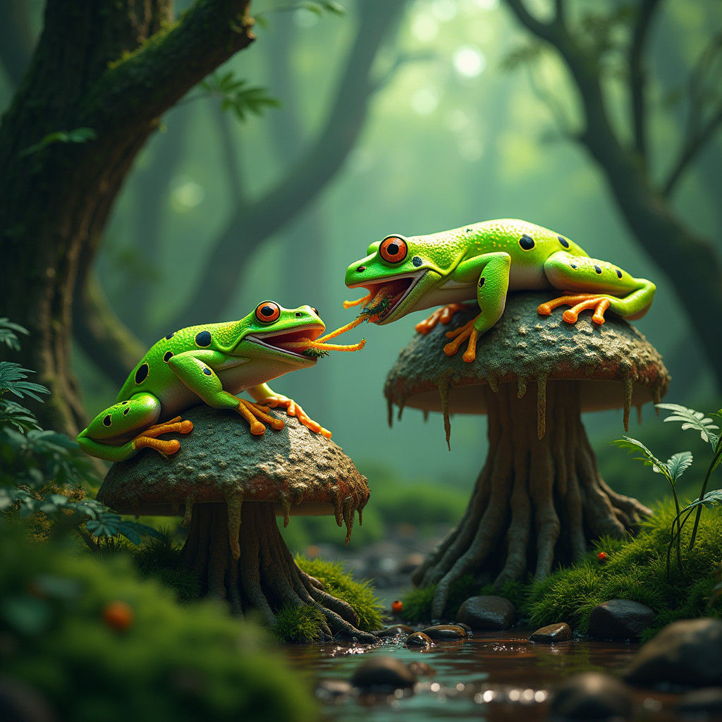 Fluorescent Poison Frogs on Giant Mushrooms