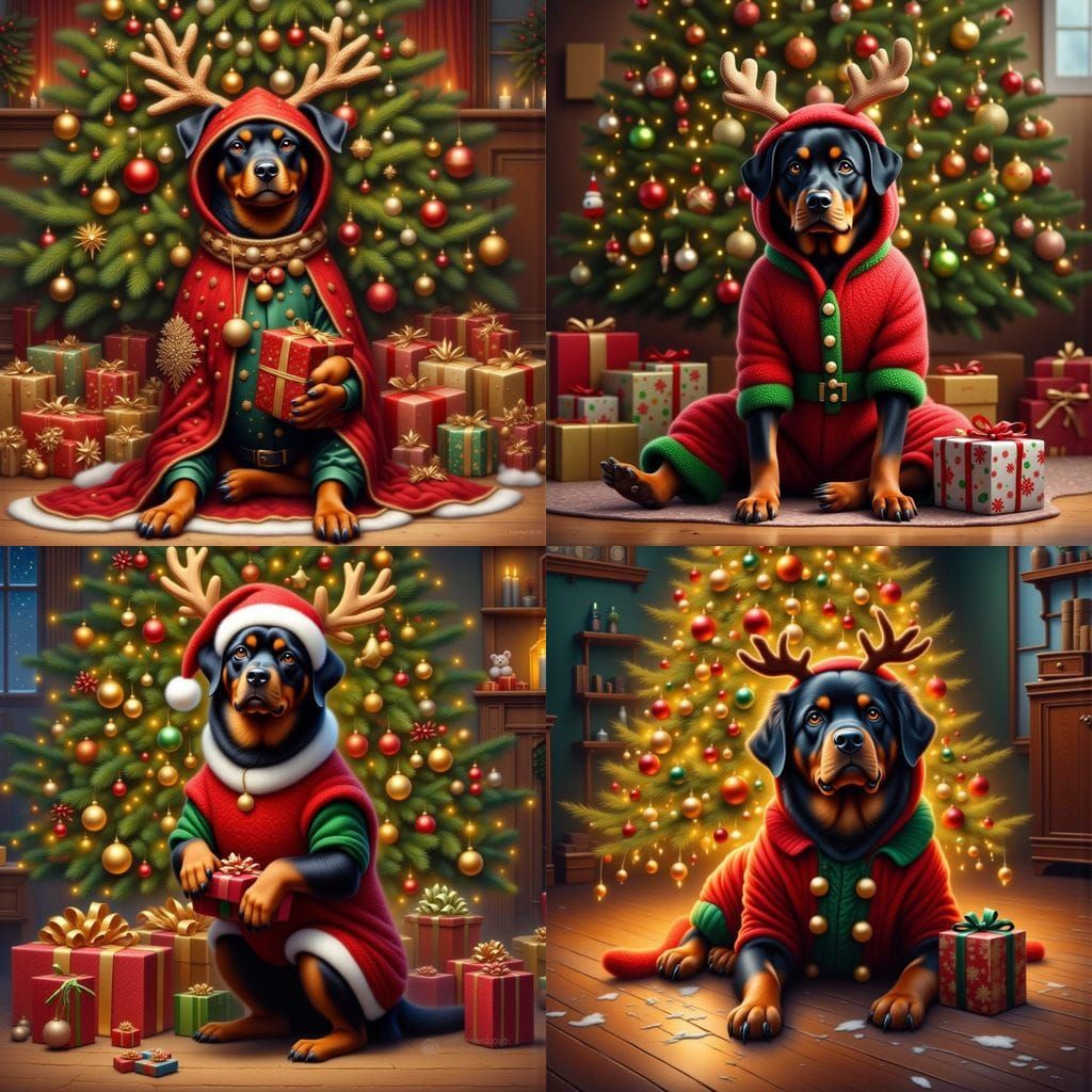 Rottweiler in Christmas Onesie Under Tree