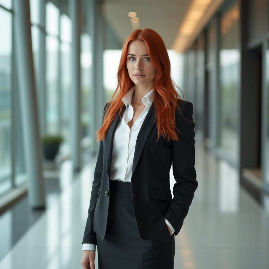 Redhead in Office Lobby: Photorealistic Portrait